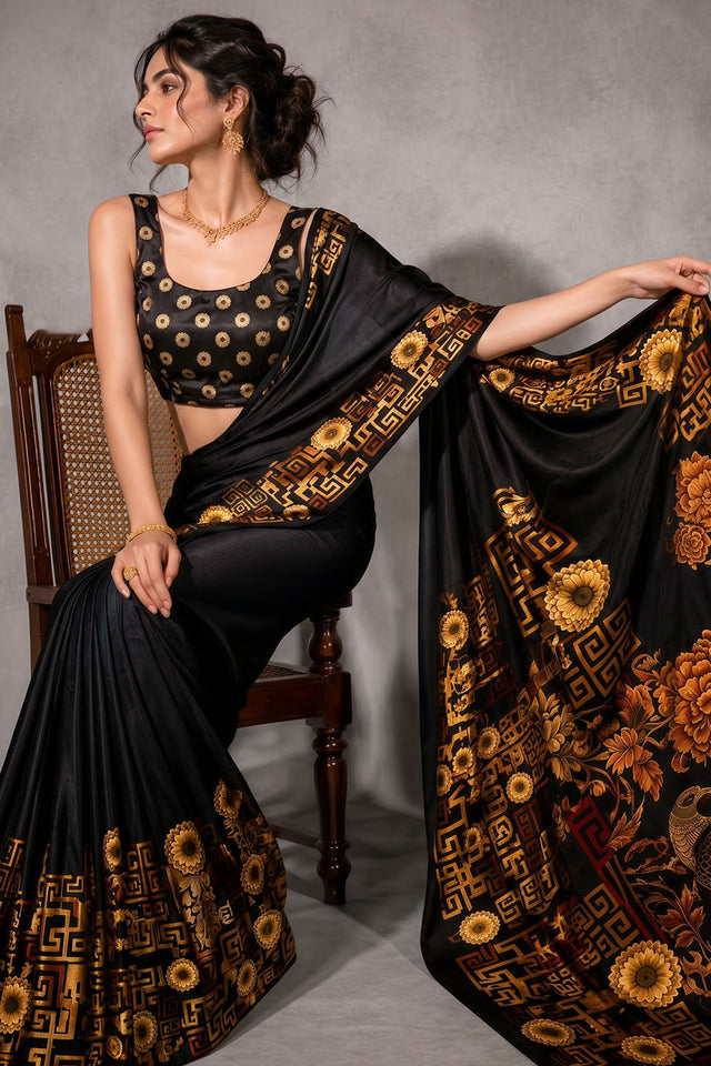 Black Floral Printed Satin Ready to Wear Saree (ACA8893)