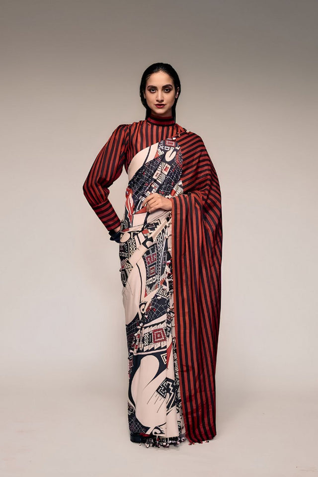 Black Printed Satin Ready to Wear Saree (ACA8894)