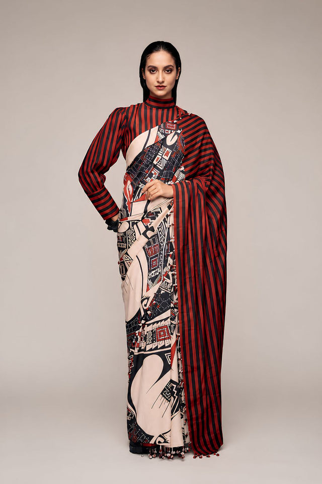 Black Printed Satin Ready to Wear Saree (ACA8894)