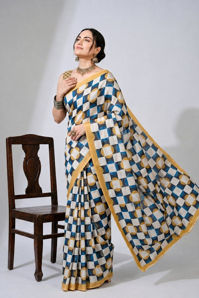 Multi Color Geometric Printed Satin Ready to Wear Saree (ACA8895)
