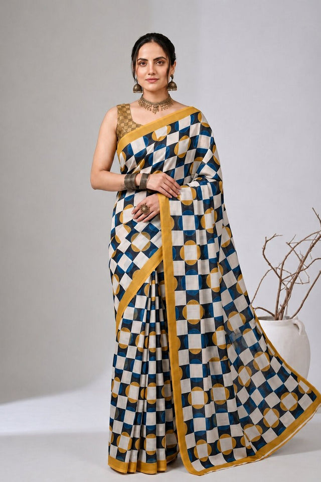 Multi Color Geometric Printed Satin Ready to Wear Saree (ACA8895)