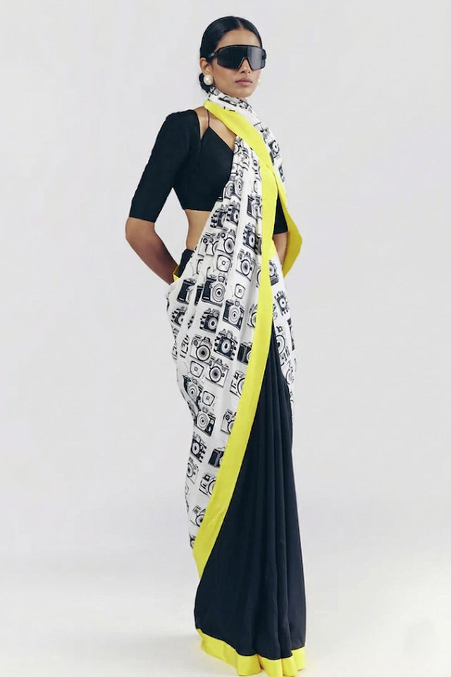 Black Printed Satin Ready to Wear Saree (ACA8896)