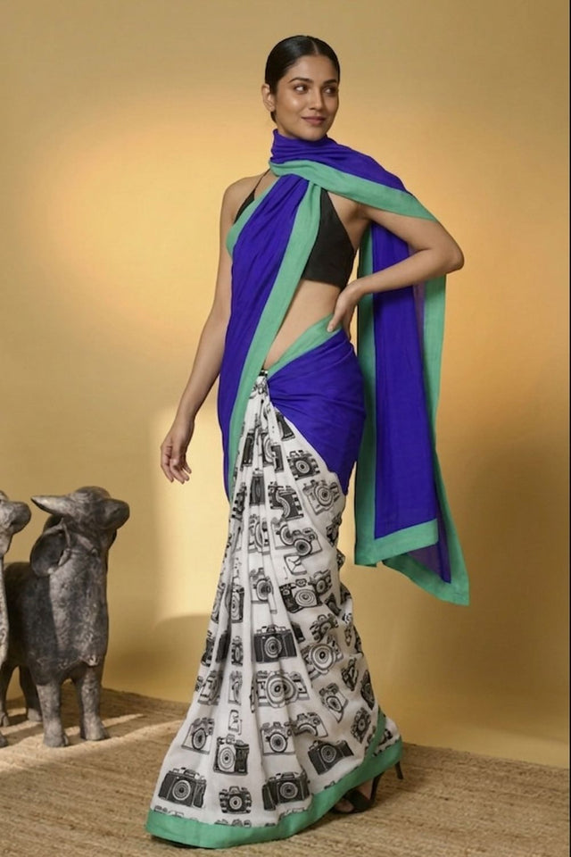 Blue Printed Satin Ready to Wear Saree (ACA8897)