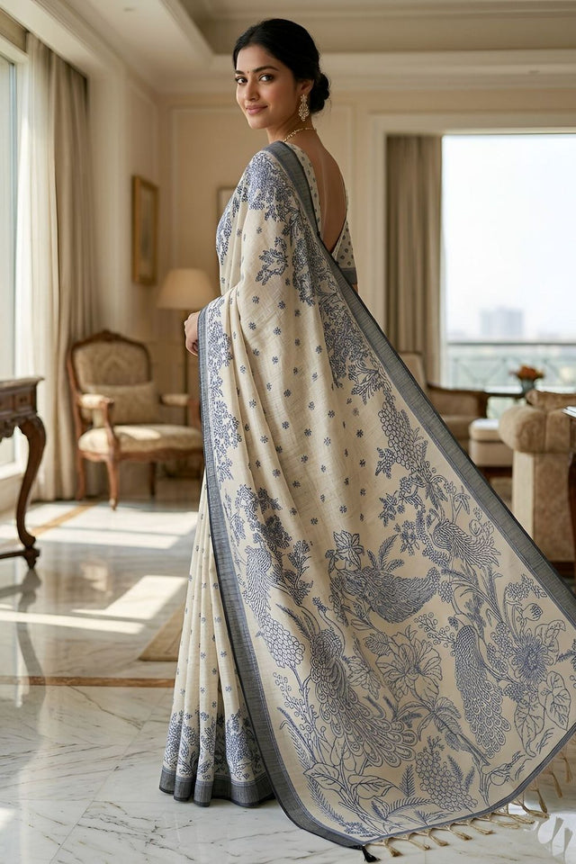 Blue Printed Linen Saree (ACA8898)