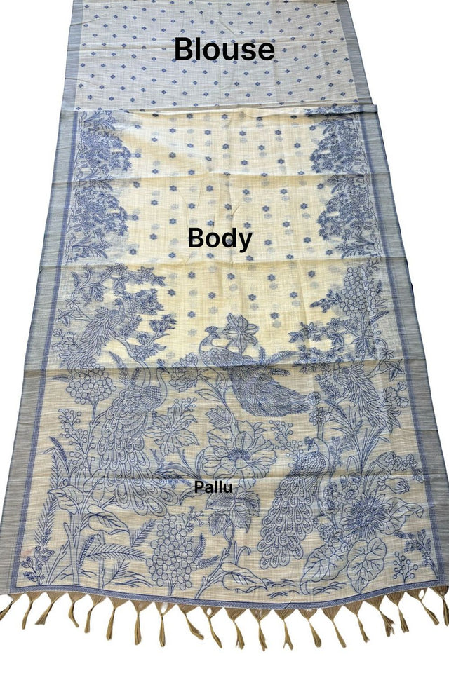 Blue Printed Linen Saree (ACA8898)