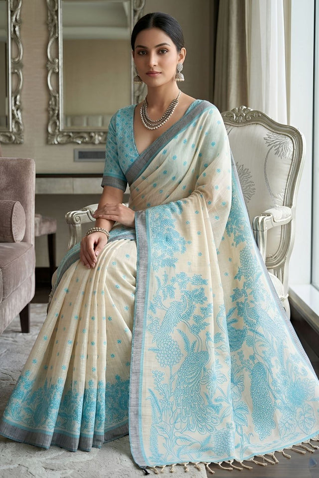 Turquoise Printed Linen Saree (ACA8901)