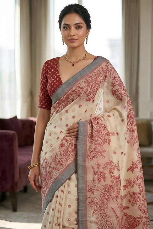 Red Printed Linen Saree (ACA8902)