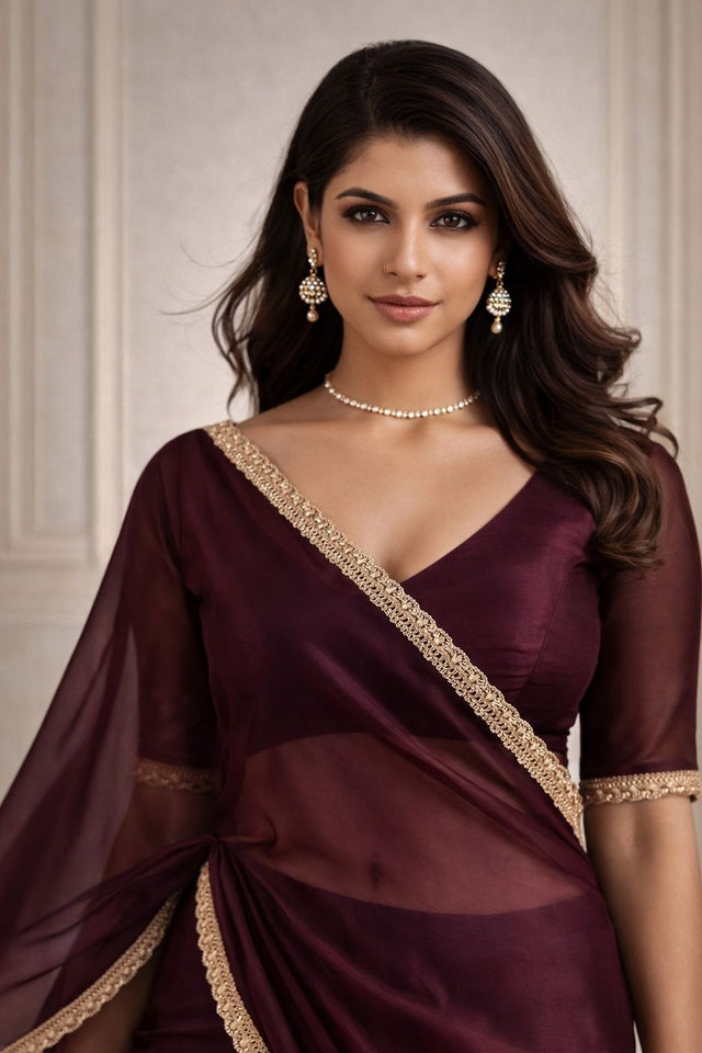 Maroon Solid with Lace Border Satin Ready to Wear Saree (ACA8905)