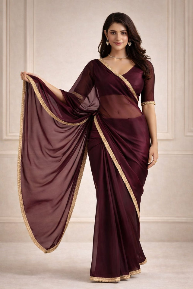 Maroon Solid with Lace Border Satin Ready to Wear Saree (ACA8905)