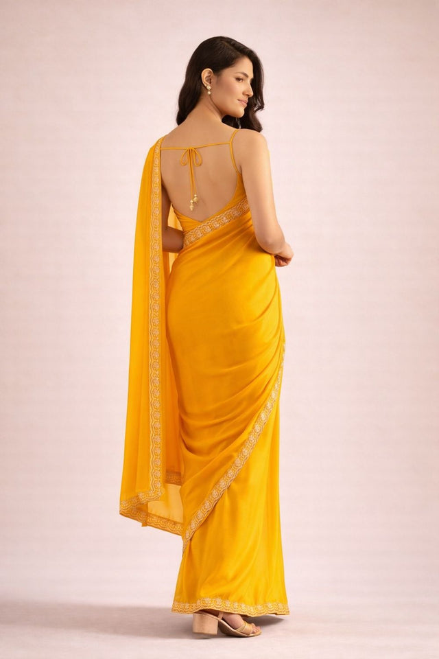 Yellow Solid with Lace Border Satin Ready to Wear Saree (ACA8908)