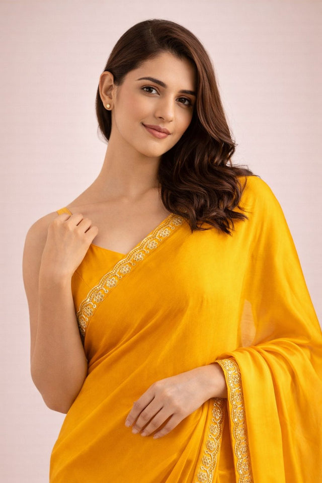Yellow Solid with Lace Border Satin Ready to Wear Saree (ACA8908)