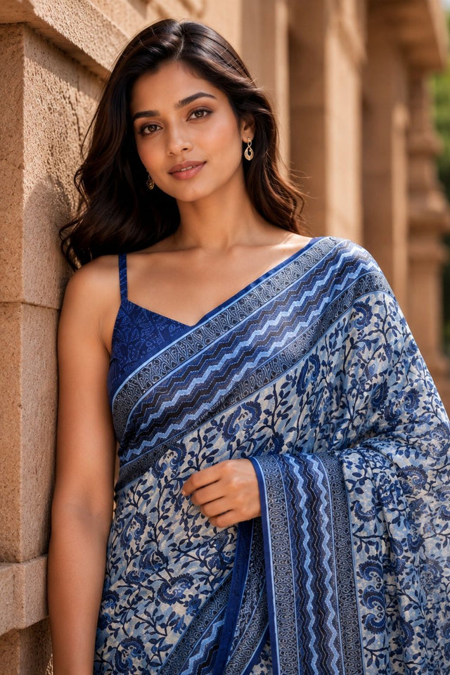 Blue Digital Printed Chanderi Saree (ACA8910)