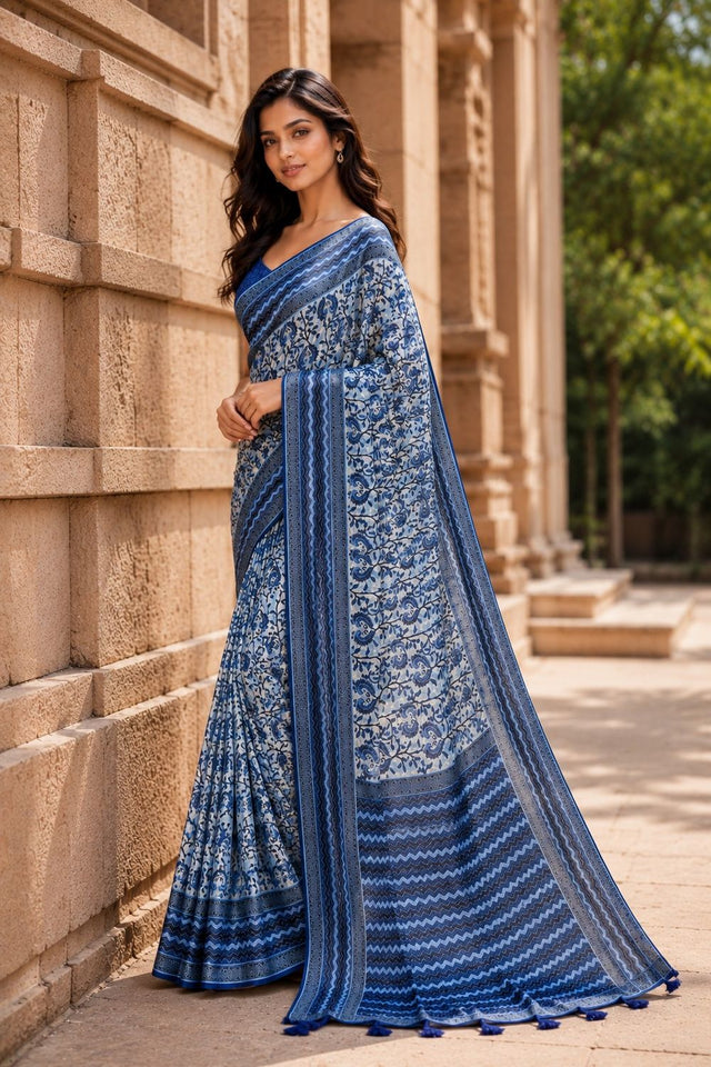 Blue Digital Printed Chanderi Saree (ACA8910)
