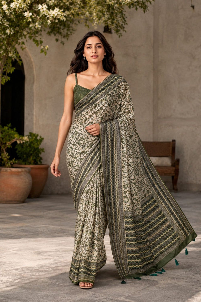 Mehendi Digital Printed Chanderi Saree (ACA8911)