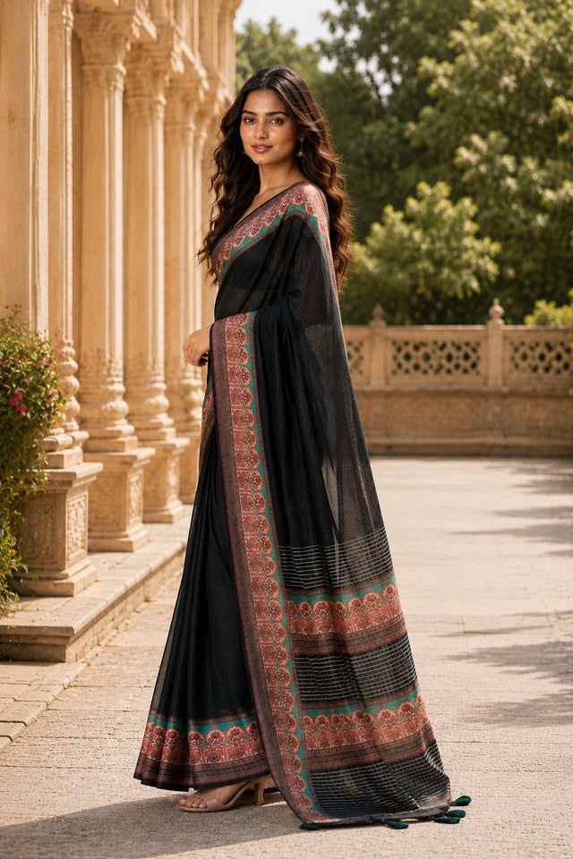 Black Digital Printed Chanderi Saree (ACA8912)