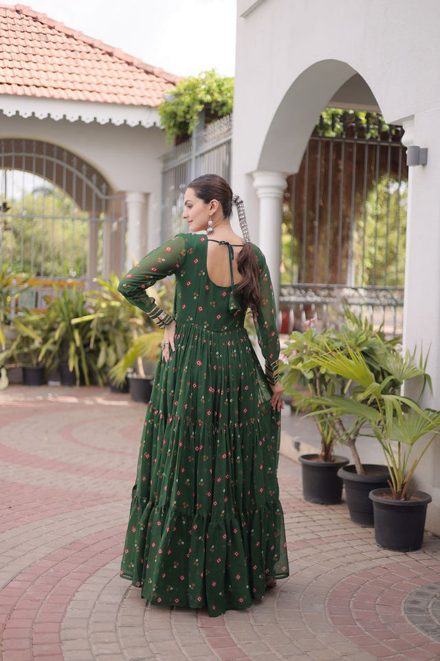 Green Geometric Printed Georgette Gown (ACA8915)