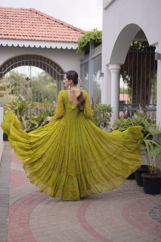 Dark Green Geometric Printed Georgette Gown (ACA8916)