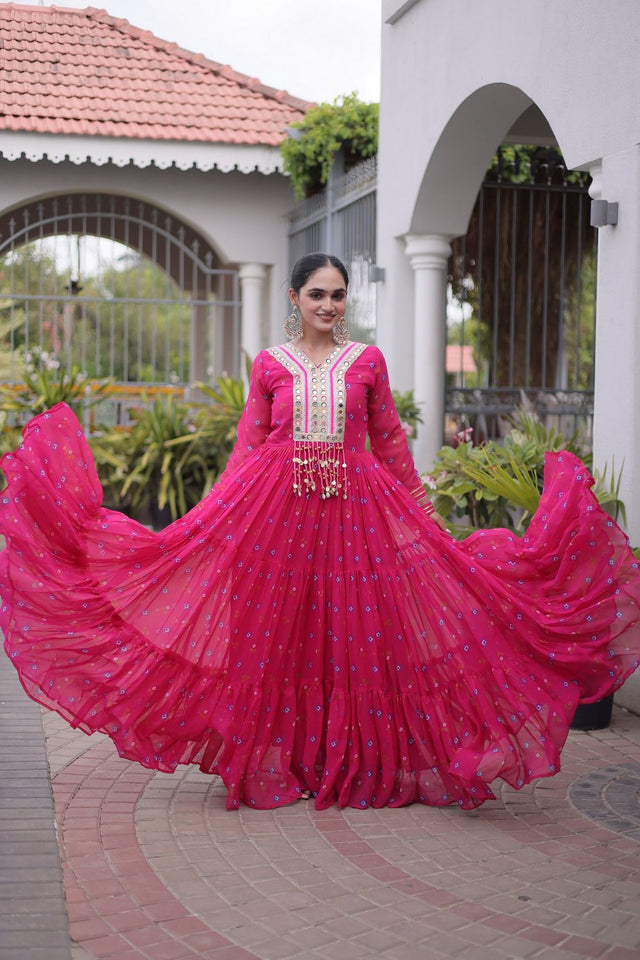 Pink Geometric Printed Georgette Gown (ACA8917)