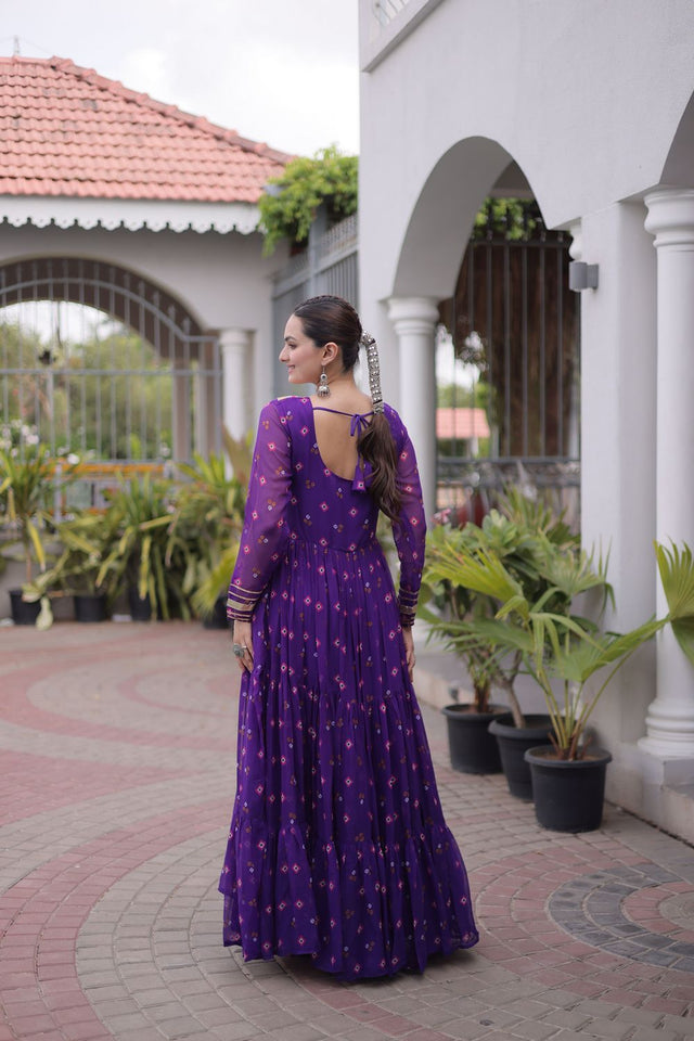 Purple Geometric Printed Georgette Gown (ACA8918)