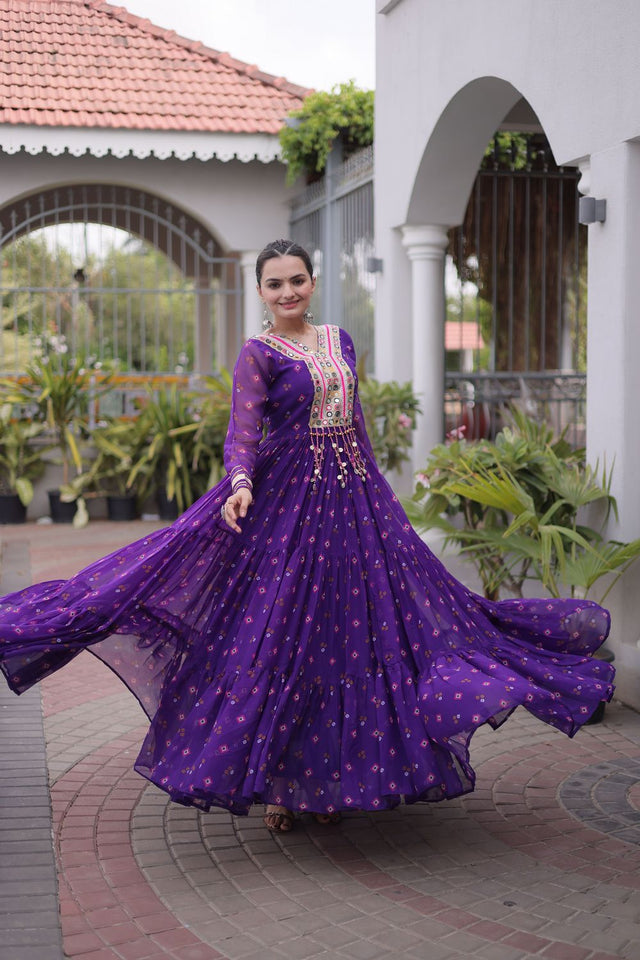 Purple Geometric Printed Georgette Gown (ACA8918)