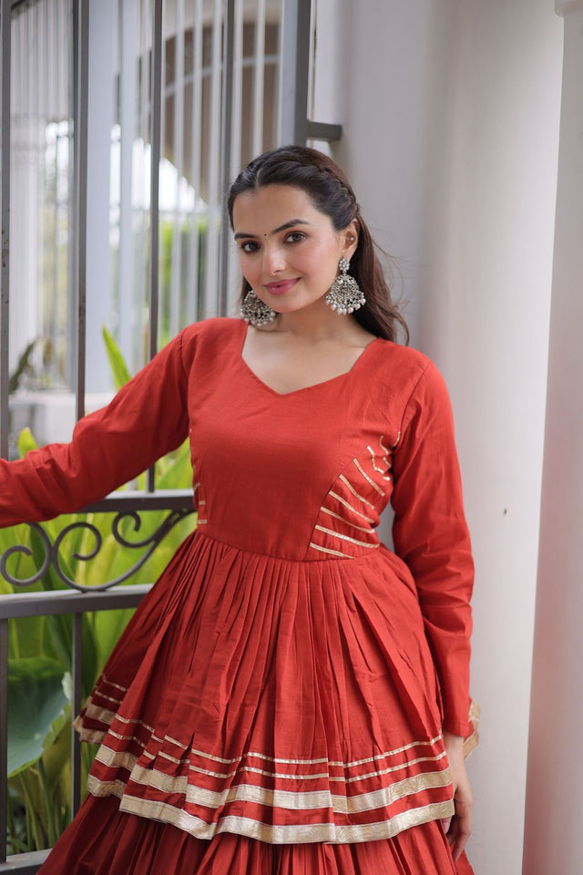 Rust Gota Patti Lace Work Cotton Lehenga (ACA8921)