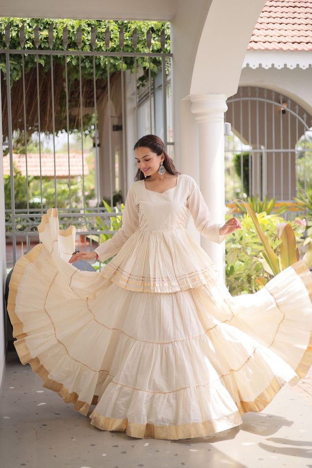 White Gota Patti Lace Work Cotton Lehenga (ACA8922)
