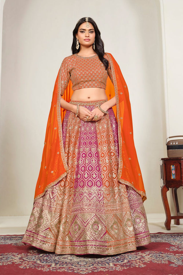 Orange Sequin with Embroidered Georgette Lehenga (ACA8933)