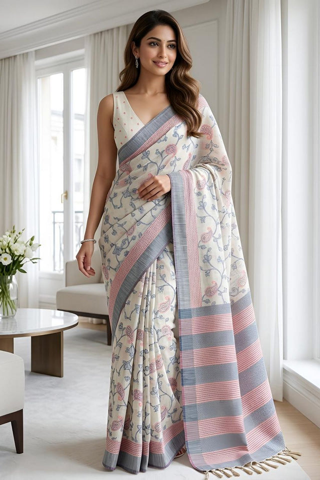 Blue Floral Woven Cotton Silk Saree (ACA8935)