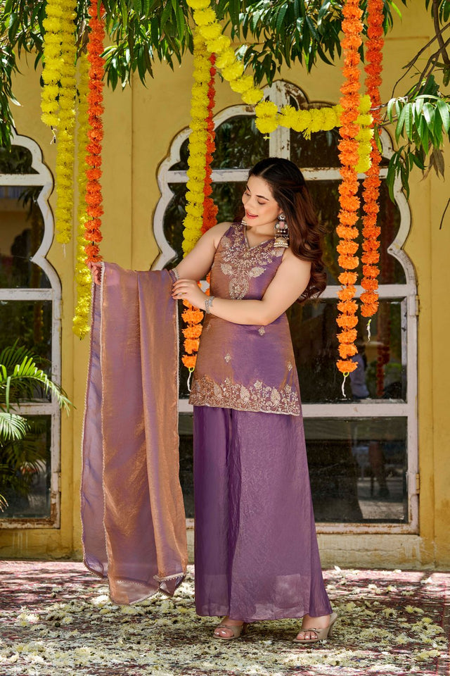 Purple Sequin with Embroidered Satin Palazzo Suit (ACA8938)