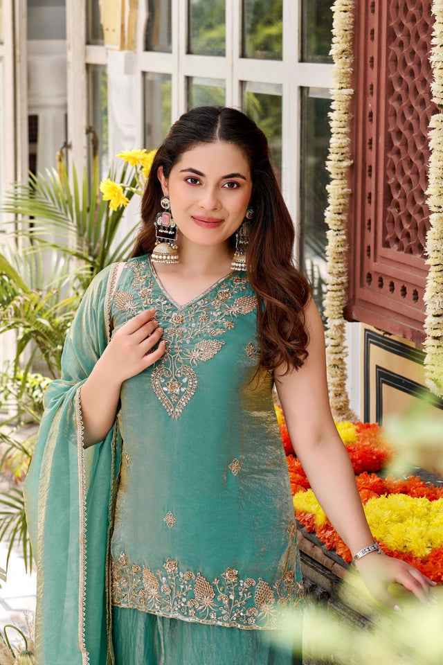 Sea Green Sequin with Embroidered Satin Palazzo Suit (ACA8939)