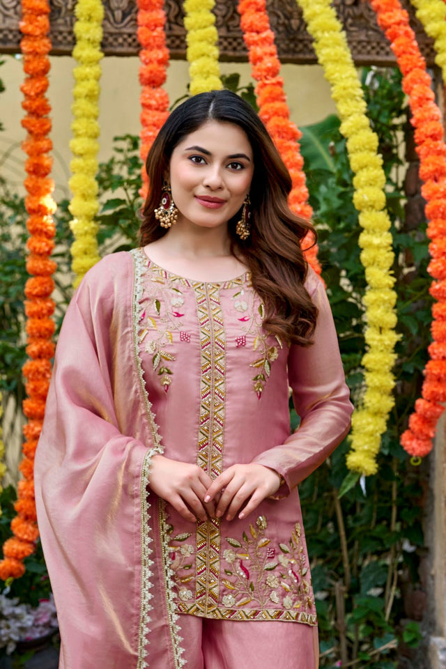 Pink Sequin with Embroidered Satin Palazzo Suit (ACA8941)