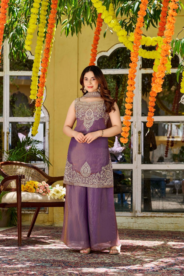 Purple Floral Embroidered Satin Palazzo Suit (ACA8942)