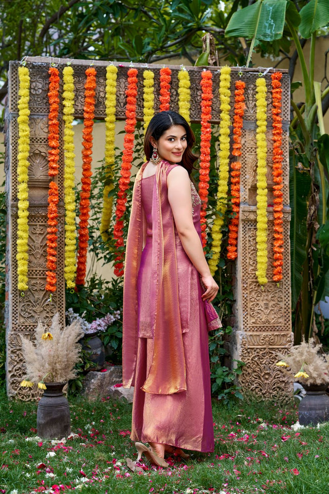 Pink Floral Embroidered Satin Palazzo Suit (ACA8943)