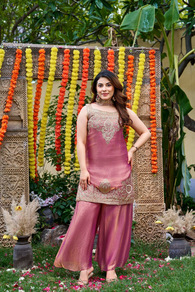 Pink Floral Embroidered Satin Palazzo Suit (ACA8943)
