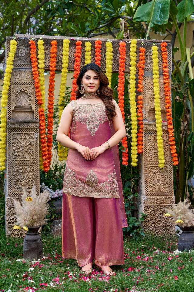 Pink Floral Embroidered Satin Palazzo Suit (ACA8943)