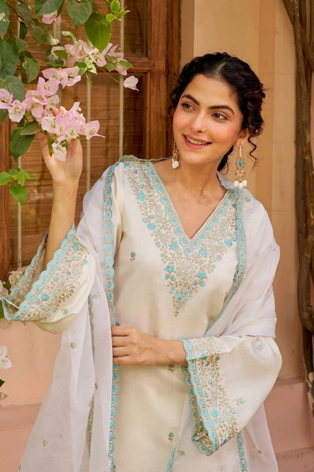 Off White Floral Embroidered Rayon Palazzo Suit (ACA8944)
