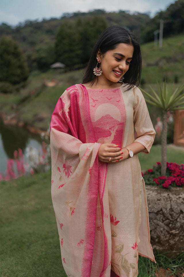 Pink Floral Printed Silk Kurti Pant Set (ACA8946)