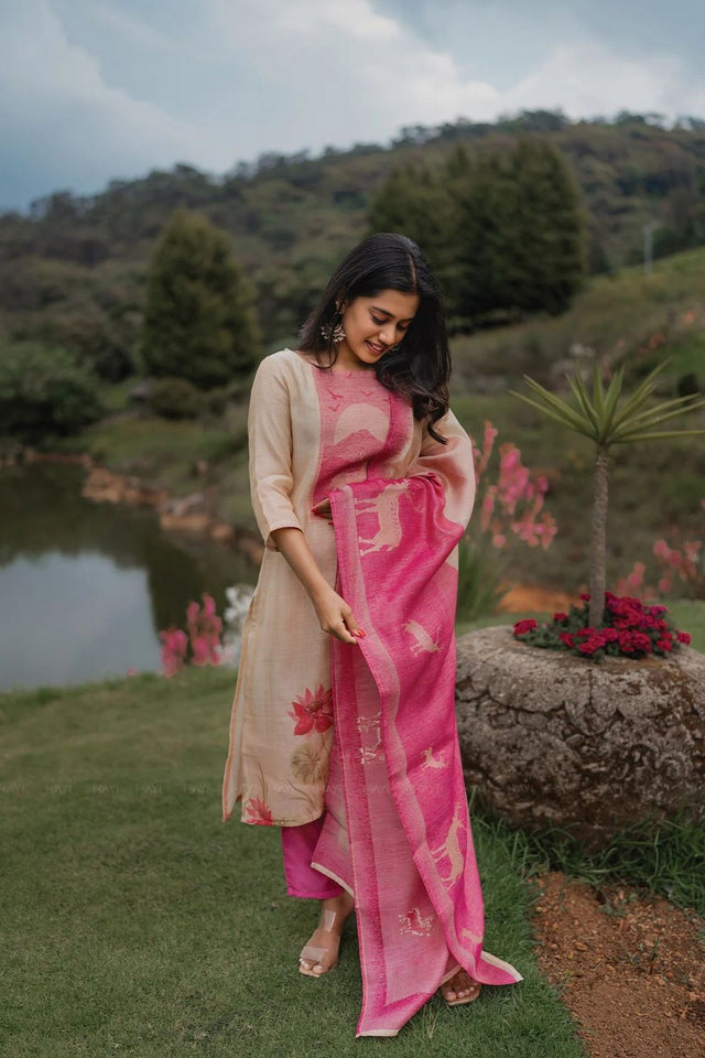 Pink Floral Printed Silk Kurti Pant Set (ACA8946)