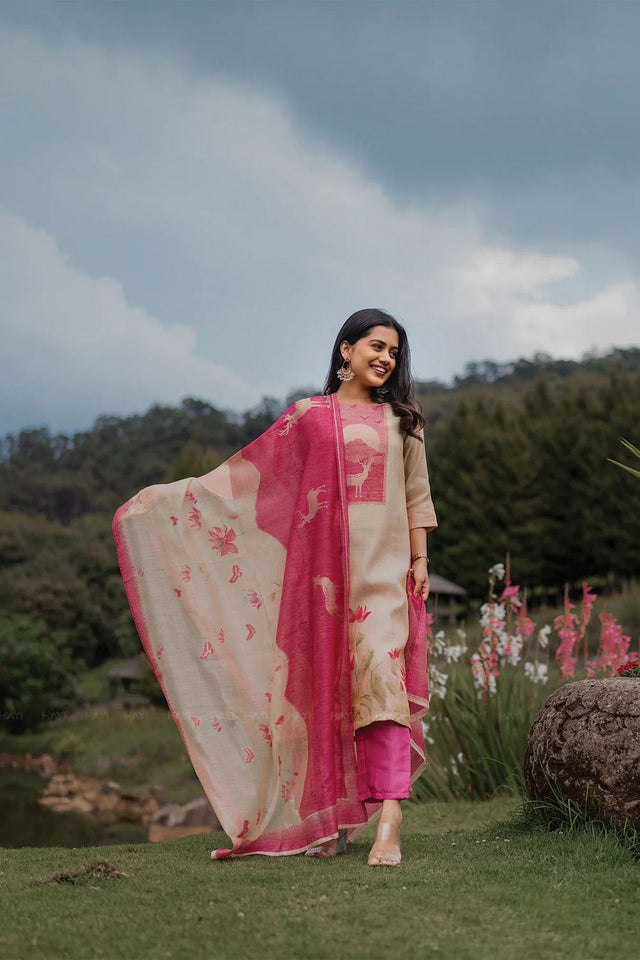 Pink Floral Printed Silk Kurti Pant Set (ACA8946)