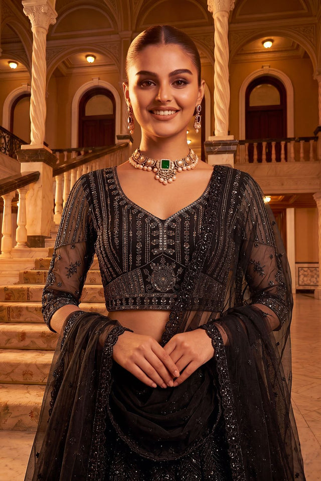 Black Sequin with Embroidered Net Lehenga (ACA8948)