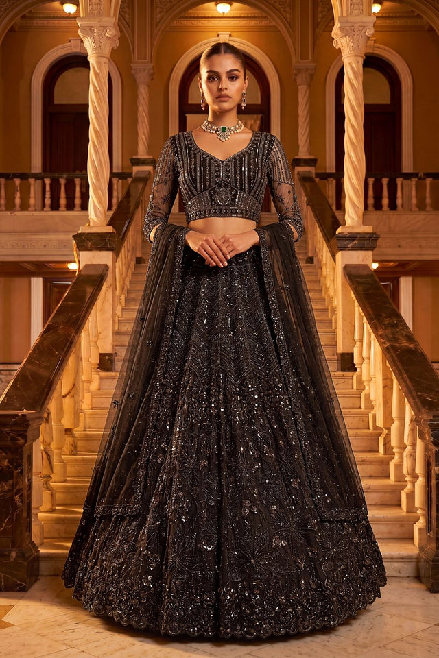 Black Sequin with Embroidered Net Lehenga (ACA8948)