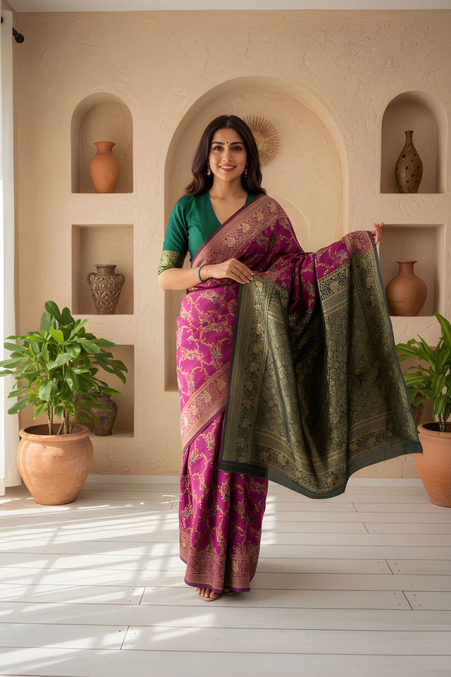 Wine Floral Woven Art Silk Saree (ACA8953)