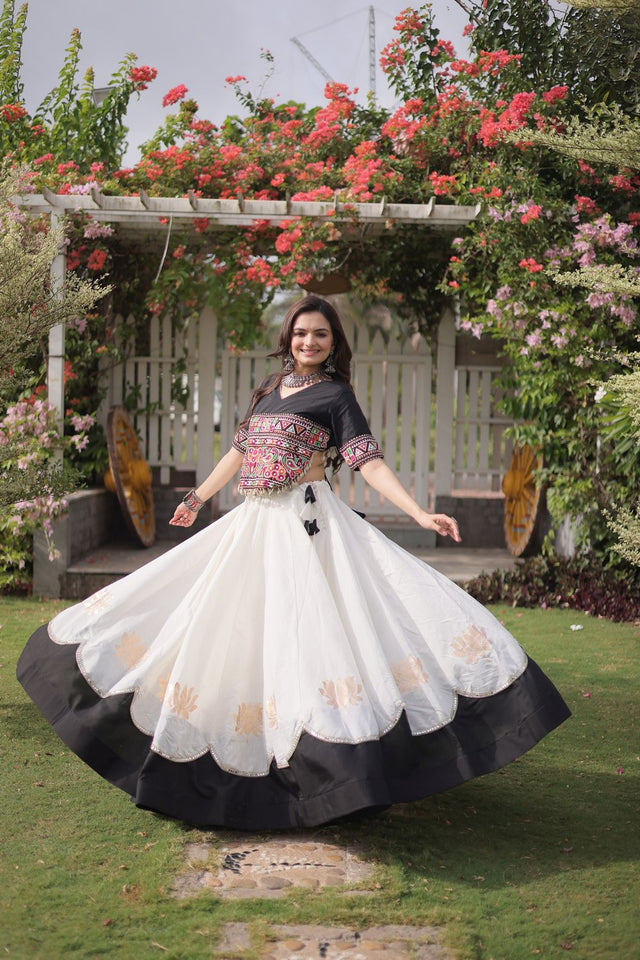 White Embroidered with Mirror Lace Work Silk Lehenga (ACA8968)