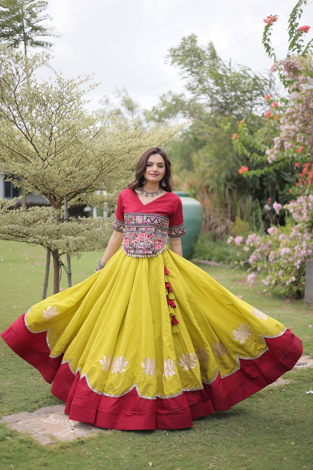 Yellow Embroidered with Mirror Lace Work Silk Lehenga (ACA8969)