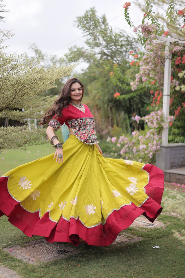 Yellow Embroidered with Mirror Lace Work Silk Lehenga (ACA8969)