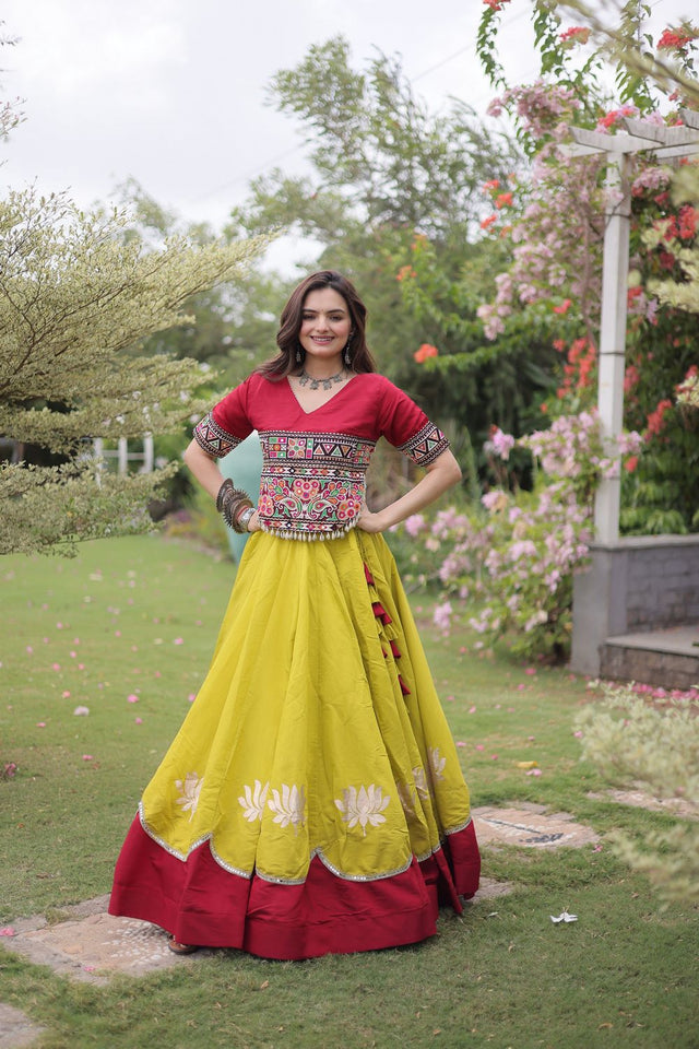 Yellow Embroidered with Mirror Lace Work Silk Lehenga (ACA8969)