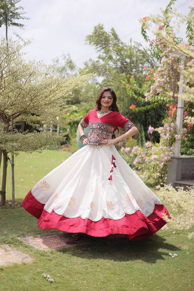 White Embroidered with Mirror Lace Work Silk Lehenga (ACA8970)