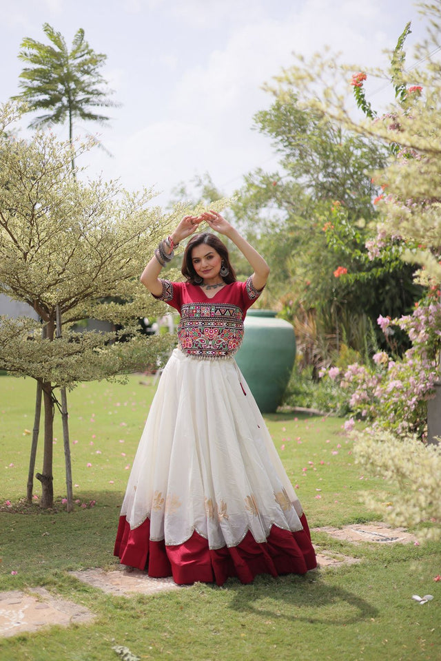 White Embroidered with Mirror Lace Work Silk Lehenga (ACA8970)