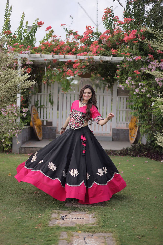 Black Embroidered with Mirror Lace Work Silk Lehenga (ACA8971)