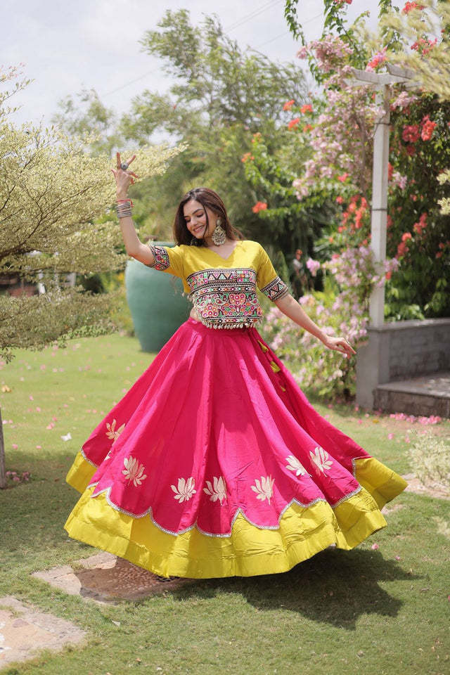 Pink Embroidered with Mirror Lace Work Silk Lehenga (ACA8972)